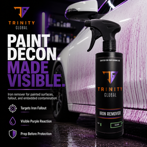 Trinity Global paint decon iron remover spray bottle with car in background