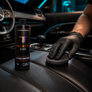 Person applying leather conditioner to car interior with Trinity Global product visible