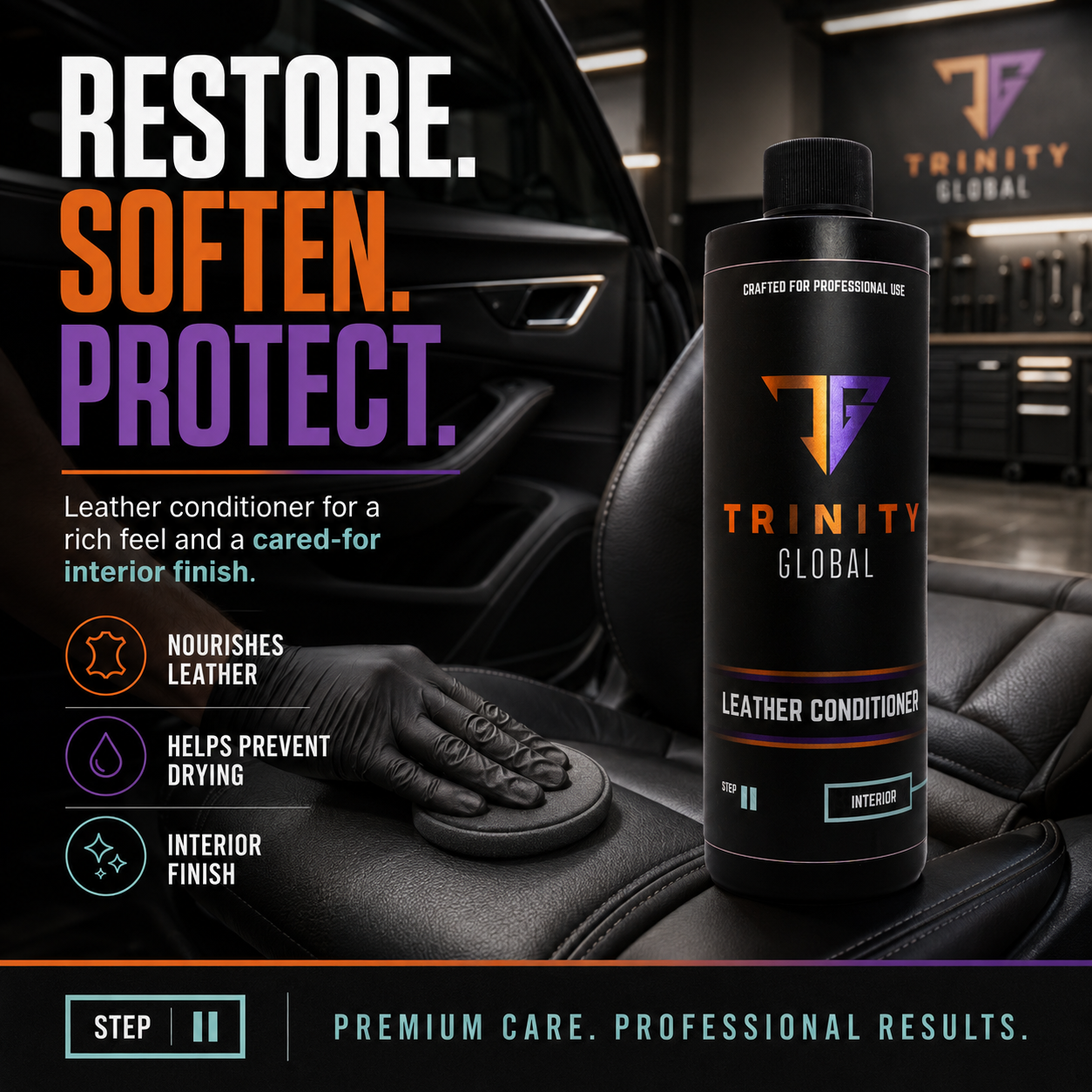 Trinity Global leather conditioner bottle with text on a car interior background