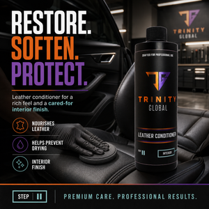 Trinity Global leather conditioner bottle with text on a car interior background