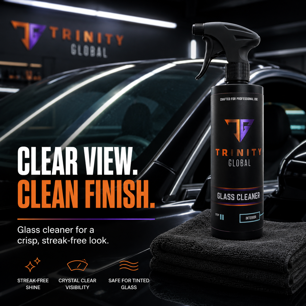Trinity Global glass cleaner bottle with towel on car interior background